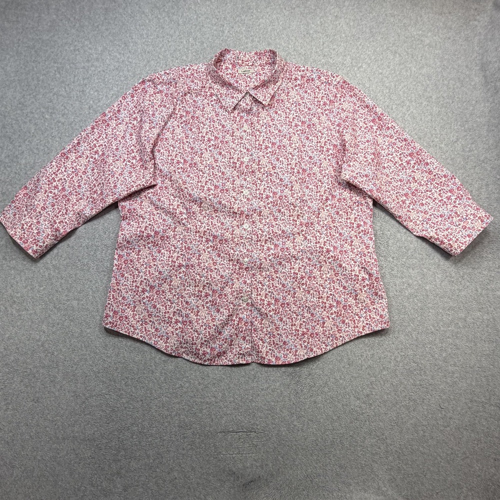 LL Bean Shirt Women Plus 2X Pink Floral 3/4 Sleeve Wrinkle Resistant Button Top